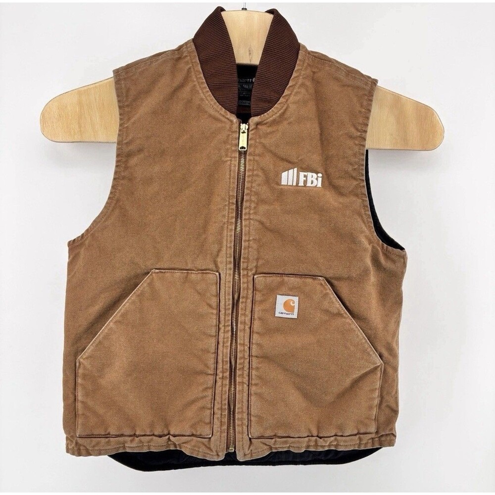 Carhartt Men’s FBI Logo Brown Duck Canvas Quilted Lined Work Vest Size Medium